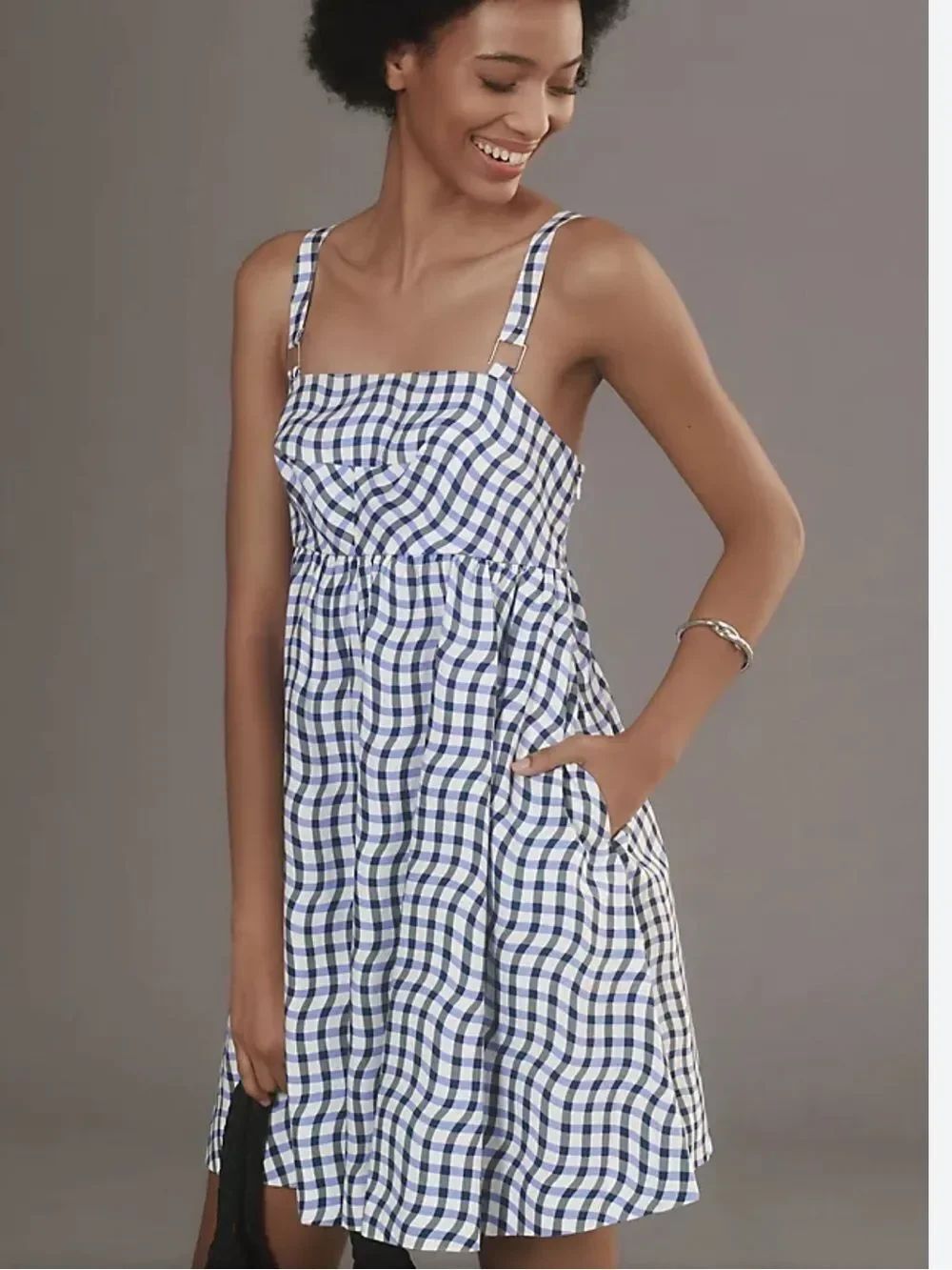 Anthropologie Maeve Gingham Romper Size 1X Flowy Wide Blue Black White